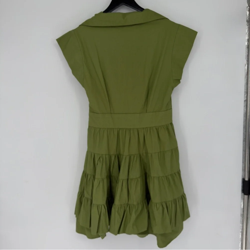 NEW DELUC Green Olive Frilly Mini Tiered Dress Sz Medium - Picture 6 of 7